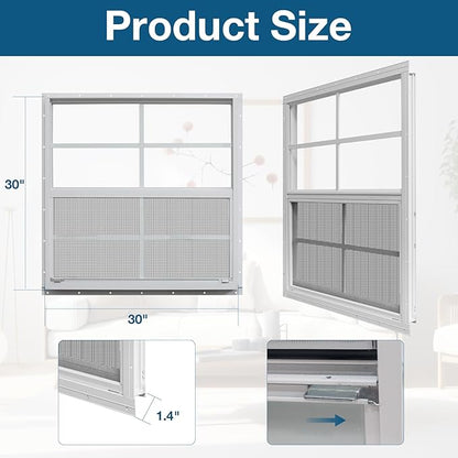 Yuzzy Shed Windows 2 Pack, Chicken Coop Windows 30" x 30" with Tempered Glass and Fiberglass Screen, Flush Mounted Small Window for Shed, Barns, Playhouse, Household, Garage (White)