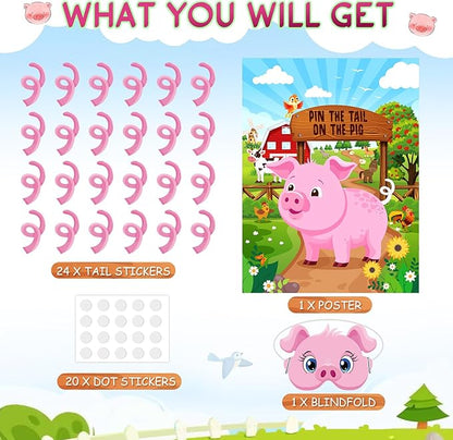Faccito Farm Animal Games Pin The Tail on The Animals Barnyard Birthday Party Decorations Farm Poster Games with 24 Stickers 2 Eye Masks for Family Activities Birthday Party Decor Supplies(Pig)