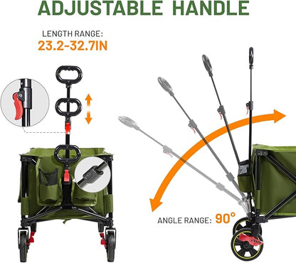 Timber Ridge 51.2'' Extended Collapsible Wagon Cart with Brakes and Cargo Net, Heavy Duty Foldable Utility Wagon with Adjustable Handle, 400L Capacity Portable Cart for Camping Sports Shopping