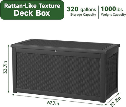 320 Gallon Resin Deck Box, Lockable Patio Outdoor Storage Box for Furniture, Garden Tools and Tools Storage, Waterproof Outside Storage Boxes - Black