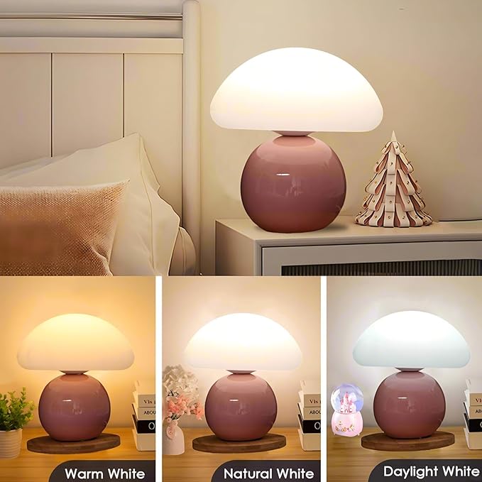 Mushroom Lamp Table Lamp for Bedroom, 3 Color Dimmable Bedside Small Lamps for