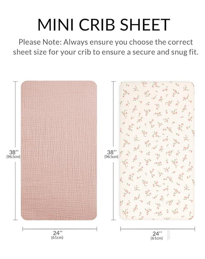 Mini Crib Sheets for Baby Boy Girl 2 Pack, Neutral Mini Crib Mattress Sheet 24" x 38", Muslin Nursery Bedding Soft and Breathable Comfort (Rosy)