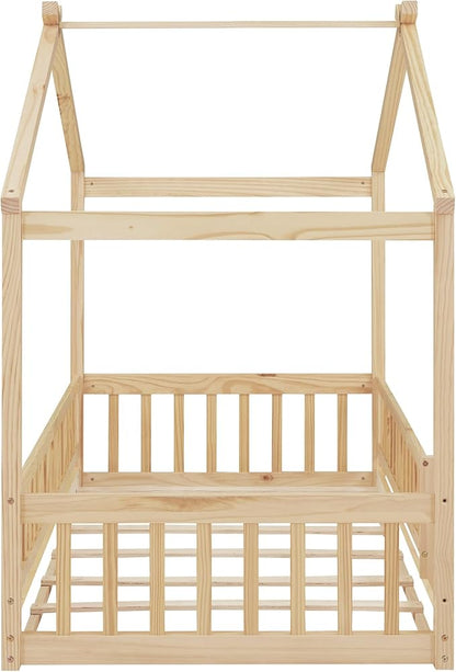 Merax Twin Size Wooden House Bed with Fence, Wood Bed Frame with Roof and Safety Guardrail for Kids, Teens, Boys or Girls, Natural