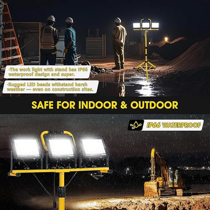 32000LM LED Work Light with Tripod, 3x100W 3-Head Floodlight, Plug-in 120V