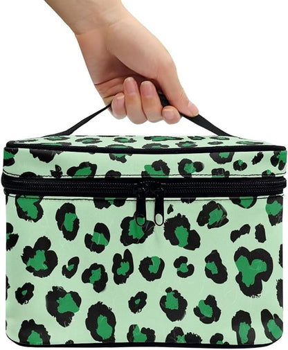Travel Makeup Bags for Women Portable Tote Cosmetic Case with Carry Handle Toiletry Accessories Storage Organizer Bags, Leopard Green