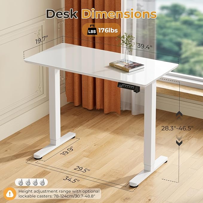 JOY worker Small Electric Standing Desk, 40" x 20" Whole Glass Piece Height Adjustable Desk with Memory Controller, White Sit to Stand Desk Workstation for Home Office