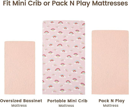 david's kids Muslin Mini Crib Sheets, 2 Pack Cotton Pack N Play Sheets for Girls, Soft Breathable Baby Sheets Fit Pack N Play, Playard and Mini Crib Mattresses, Rainbow