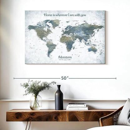 ElephantStock - Home With You II Push Pin World Map Wall Art - Horizontal Canvas Wall Art - Living Room Wall Decor - Digital Art Map Canvas Art - Blue And Gray Decor - 39" x 26"