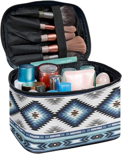 Western Makeup Bags for Woment Tribal Ethnic Tribal Aztec Navajo Portable Cosmetic Travel Bags with Zipper and Carry Handle Large Capacity Toiletry Case Organizer Storage Pouch