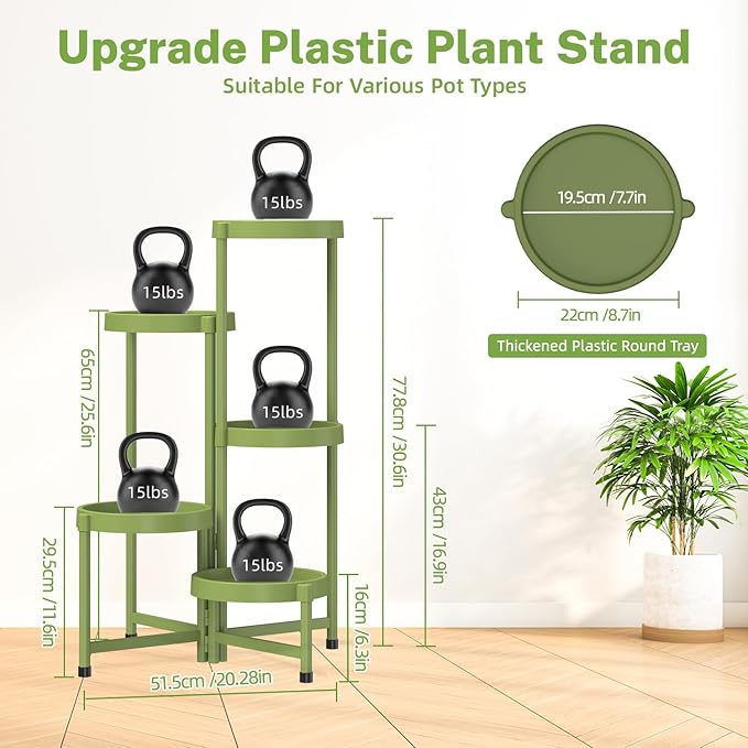 iDavosic.ly 5 Tier Folding Plant Stand Indoor Outdoor with Plastic Tray, Tiered Corner Flower Holder Shelf, Metal Orchid Display Rack for Patio Porch Living Room Garden Balcony, Green