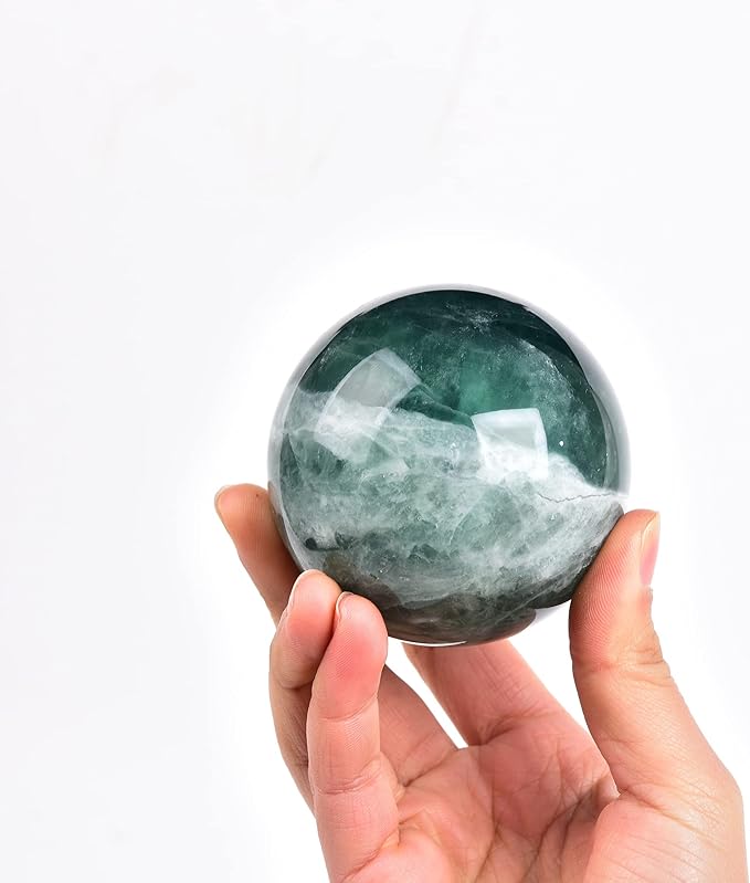 JIC Gem Natural Green Fluorite Quartz Crystal Ball Sphere Healing Crystal Sphere Decorative Ball with Wooden Stand Home Decoration Christmas Day Gifts (70-80mm)