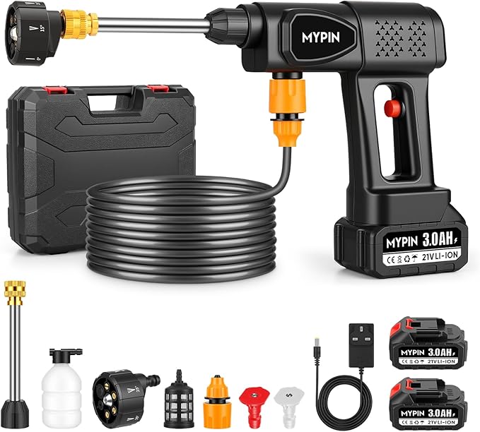 Portable Cordless Pressure Washer, 600 PSI 21V 2x3.0Ah Rechargeable Batteries Powered Pressure Washer, 6-in-1 Nozzle with Jet Nozzles for Car Floor Wall Fence Cleaning Pet Cleaning