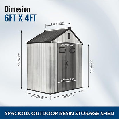 Domi 6×4ft Outdoor Resin Storage Shed - 144+ Cubic Ft Weatherproof Double-Wall Yard Shed with Skylight, Lockable Door and Carpet, Heavy-Duty Steel Frame Storage Building for Lawn Mower, Bike, Tools
