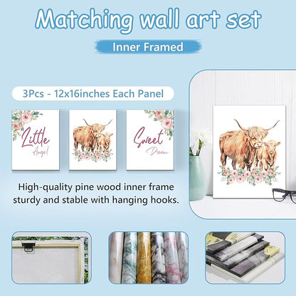 Custom Baby Crib Bedding Set, 5 Pcs Personalized Name Highland Cow Print Baby Crib Set, Double Layer Nursery Bedding Set for Baby Girls Boys, Ideal Gifts for Infant Toddler New Parents
