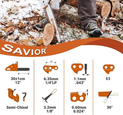 Savior 3Pack 12 Inch Chainsaw Chain, 1/4" Pitch .043" Gauge 65 Drive Links for MSA161T Chainsaws, Replacement 3670-005-0065, 71 PM3 65, for 3005 008 3405 Guide Bar