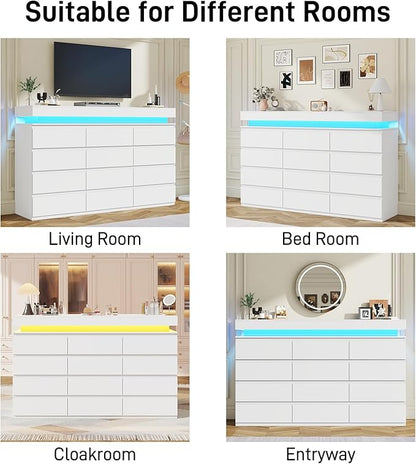 12 Drawer Dresser for Bedroom, 70" Wide 44" Tall Dresser with LED Light & Charging Station, Modern Chest of Drawers for Closet, Living Room, Entryway, Hallway (White, 12 Drawers)