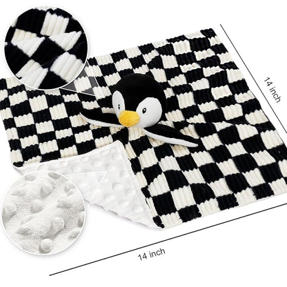 Baby Lovey Blanket for Boys Girls Super Soft Checkerboard Gingham with Minky Dot Fabric Backing Penguin Stuffed Animal Lovely Snuggle Toy Black 14 Inch