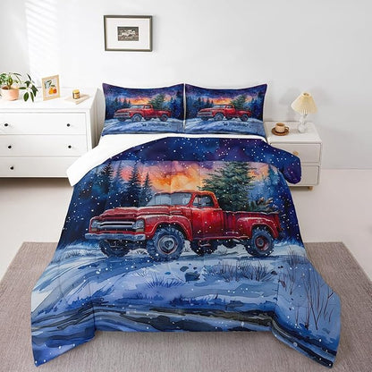 Red Truck Kids Comforter Set Twin Size,Christmas Tree Snowflake Bedding Set for Teens Boys Girls Room Decor,Woodland Nature Scenery Quilt Set 2Pcs,Merry Christmas Theme Duvet Insert,1 Pillowcase