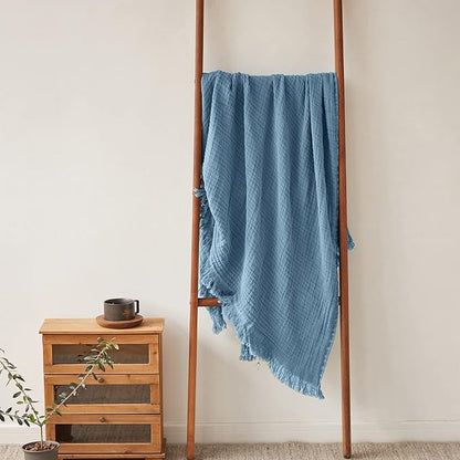 Simple&Opulence Cotton Muslin Throw Blanket for Bed, Couch, Knit Woven Gauze Blanket with Tassels, Soft Lightweight Cozy Pre-Washed Breathable Farmhouse Decoration for All-Season (Dusty Blue)