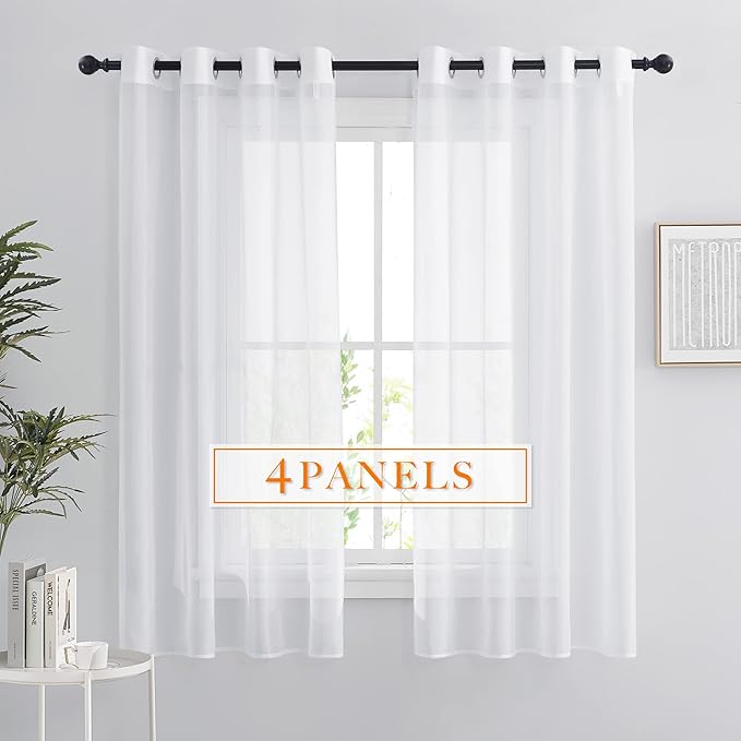 RYB HOME Sheer Curtains Panels Bedroom Window, Grommet Solid White Voile Drapes for Living Room Kitchen Home Office, Privacy Sheer Light & Airy, Wide 54 inch x Long 63 inch per Panel, 4 Pcs