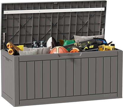 EAST OAK Outdoor Storage Box, 90 Gallon Deck Box, Waterproof Resin Storage Bin for Patio Cushions, Gardening Tools, Lockable, UV Resistant, Grey