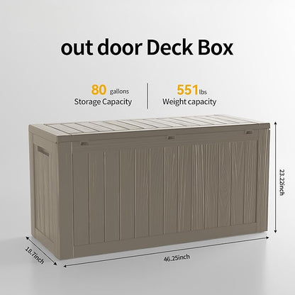80 Gallon Resin Deck Box, Waterproof Outdoor Storage Bin for Patio Furniture, Pool Accessories, and Garden Tools, Lockable & UV-Resistant, Grey