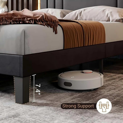 Tyndall Full Size Bed Frame, Faux Leather Upholstered Platform with Headboard, Black