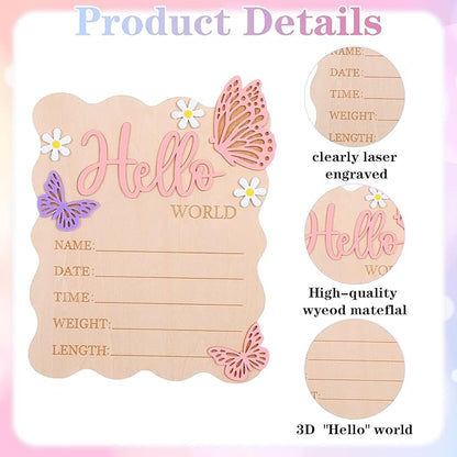 Welcome Baby Sign, Hello World Newborn Sign, Pink Baby Name Announcement Mark, Butterfly Chrysanthemum Birth Announcement Signs for Girls And Boys in Hospitals, Nursery And Family Use.