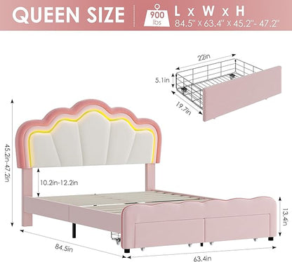 HOSTACK Queen Upholstered LED Bed Frame with Storage Drawers, Cute Girls Bed with Adjustable Lotus Headboard, Velvet Princess Platform Bed Frame, Wooden Slats Support, No Box Spring Needed, Pink/Beige