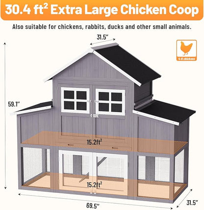 69.5''L Chicken Coop, Extra Large Poultry Cage for 6-10 Chickens, Outdoor Hen House Design with 2 Nesting Box, Weatherproof Roof and Leakproof Pull-on Tray, Easy to Install＆Clean(Gray)