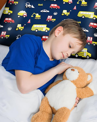 Silk Pillowcase for Kids - 30 x 20 Inches Queen Size Mulberry Silk Pillow Case with Zipper Cute Cartoon Kawaii Teens Girls Boys Pillowcase for Hair and Skin, Red Yellow Car