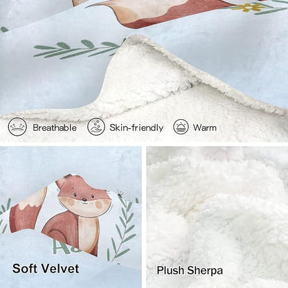 Cute Fox Blue Personalized Receiving Sherpa Fleece Baby Blankets for Girls Boys Kids, Swaddle Blankets Gift for Newborn Crib Infants 30x40 Inches
