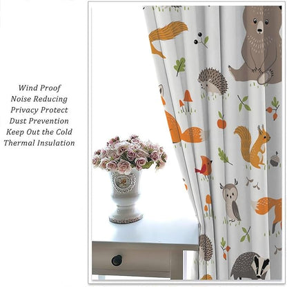 Forest Animal Curtains for Kids, Cartoon Safari Woodland Animals Window Treatments Cute Wild Jungle Bear Fox Deer Bear Window Drapes for Girls Boys Nursery Toddler Bedroom 42x45in