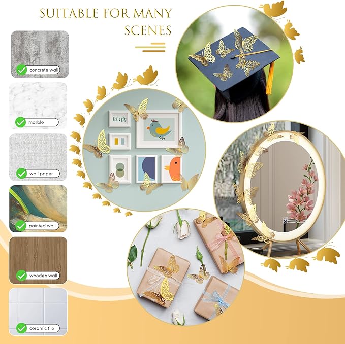 3D Gold Butterfly Wall Decor 3 Sizes 4 Styles Butterfly Party Decorations Cake Decorations Removable Stickers Wall Decor Room Mural Metallic Kids (Gold, 48Pcs)