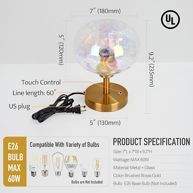 Touch Control Hammered Glass Table Lamp Brass Gold Portable Dimmable Brightness