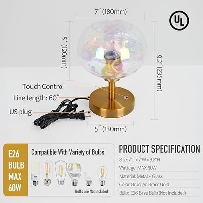 Touch Control Hammered Glass Table Lamp Brass Gold Portable Dimmable Brightness