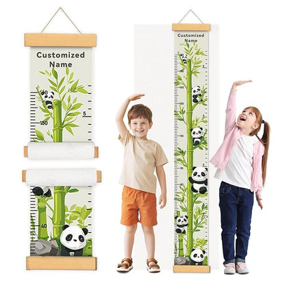 Personalized Name Height Chart for Kids, Kids Growth Chart for Wall, 59" X 7.9" Canvas Removable Height Chart Measuring Ruler for Kids & Baby(Painted Bamboo and Panda）