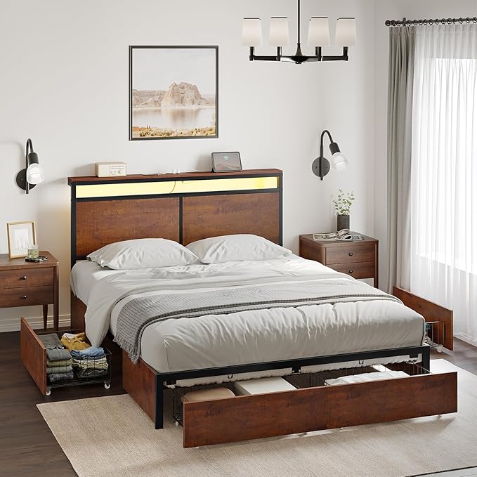 Full Bed Frame with Storage Headboard and 4 Drawers Bed Frame Full Size with Charging Station LED Lights Metal Platform Non-Slip Without Noise No Box Spring Needed