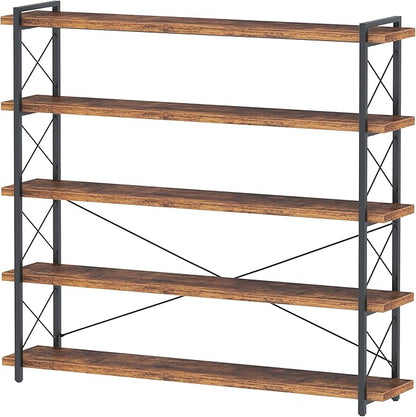 HCHQHS Large Bookshelf, 5-Tier Long Industrial Bookcase, Rustic Brown Book Shelf, Freestanding Horizontal Bookshelves with Metal Frame