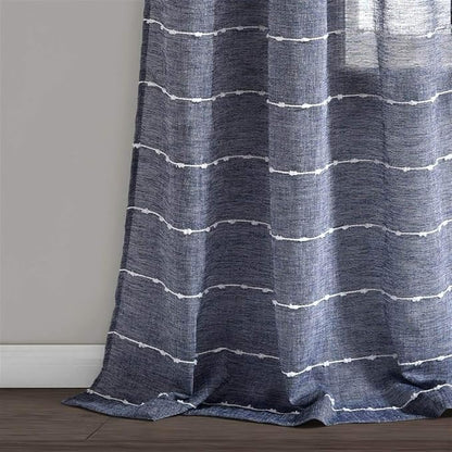 Lush Decor Farmhouse Textured Grommet Sheer Window Curtain Panel Pair, 38"W x 84"L, Navy