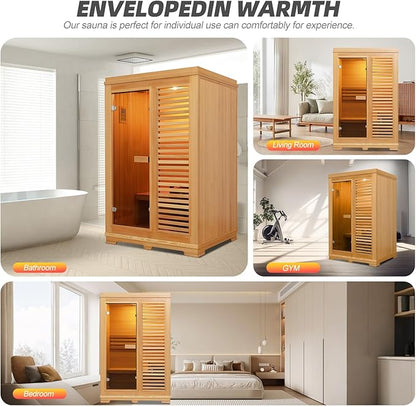 Indoor Traditional Steam Sauna 2 Person, Canadian Hemlock Saunas, 4.5KW Harvia Heater, 220V,Fence Design, Better Sealing, Left Door(0-195℉) (with Door Fence)