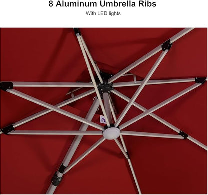 PURPLE LEAF 11 Feet Solar Powered LED Square Cantilever Umbrella With Base Patio Umbrellas Windproof Hanging Outdoor Umbrellas Offset Umbrella, Terra