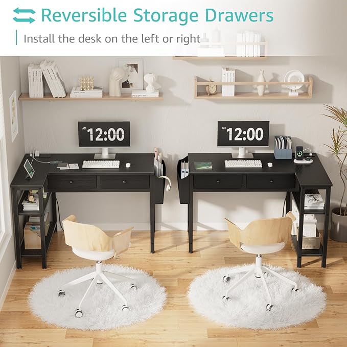 DLisiting Black Corner Desk for Small Space with Drawers, Reversible Gaming L Shaped Computer Desk with Storage Shelves for Kids Boys, Corner Work Study PC Desks for Bedroom