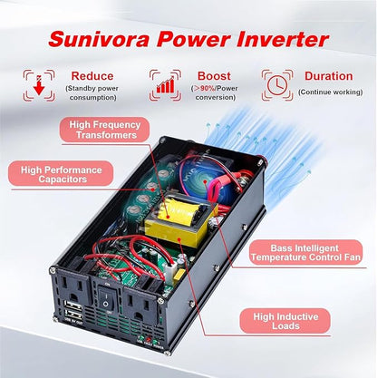 1000 Watt Inverter 12V DC to 110V/120V AC 60HZ 2000 Watt(Peak) Car Power Inverter with 2 AC Outlets & Dual USB Ports for Car Vehicle Truck Camping