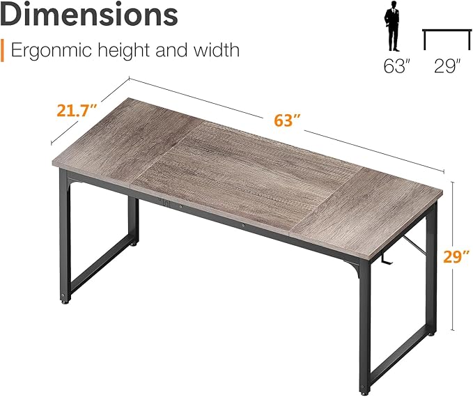 Coleshome 63 Inch Computer Desk, Modern Simple Style Desk for Home Office, Study Student Writing Desk,Grey Oak