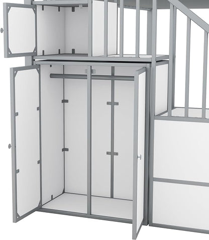 Twin Over Twin Castle-Shaped Bunk Bed with Wardrobe and Multiple Storage, Metal Bunk Bed with Storage Staircase and Safety Guardrail for Kids Teens Boys Girls Bedroom (White+Gray)