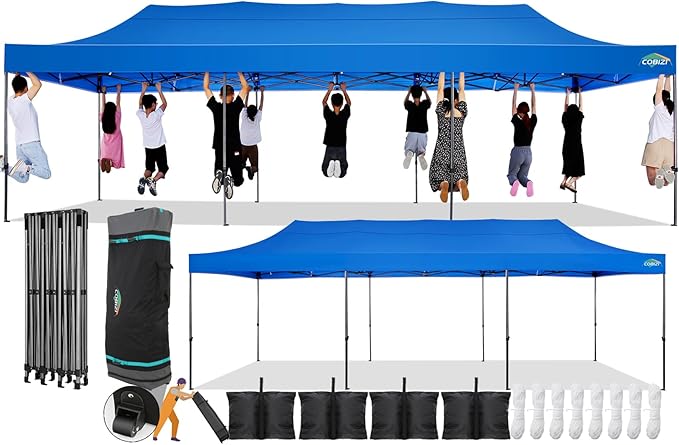 COBIZI 10x30 Pop Up Canopy Without Sidewall,Heavy Duty Canopy UPF 50+ All Season Wind Waterproof Commercial Outdoor Wedding Party Tents for Parties Gazebo with Roller Bag(10 x 30 ft Blue)