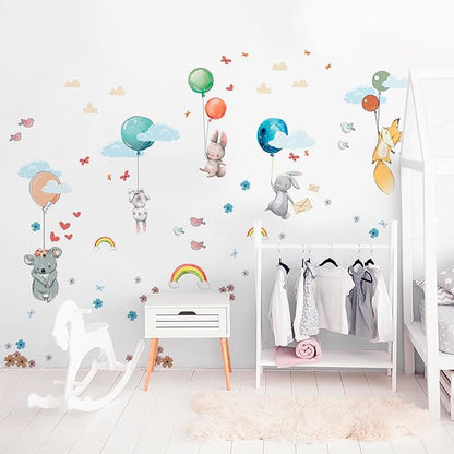 Hot Air Balloon Wall Decals by Lipastick - Peel and Stick Animal Stickers Raccoon, Fox, Koala, Panda for Kids Room, Nursery, Playroom, Bedroom - Playroom Wall Decals for Boys, Girls, Babies - M Size