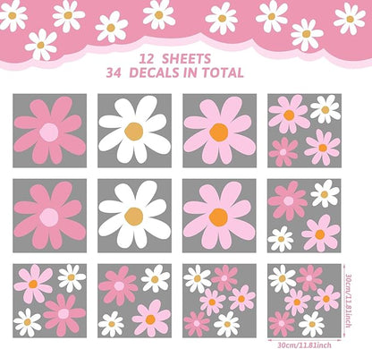TaoBary 12 Sheets Daisy Wall Decal Flower Wall Sticker Cute Daisy Sticker Pink White Flower Decal Peel and Stick Floral Wallpaper for Nursery Bedroom Home Decor(Pink Color,Vibrant Style)