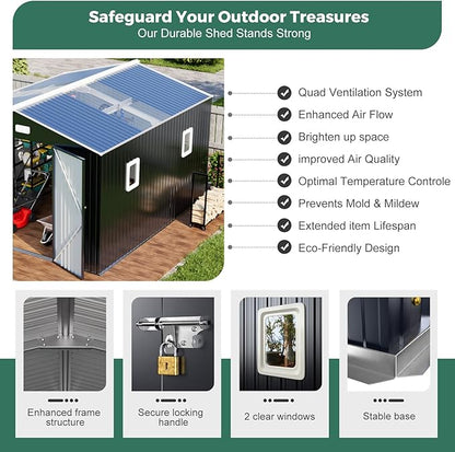 Metal Shed 10x10 Sheds Outdoor Storage, Natural Lighting Tool Sheds with Translucent Roof Panels, Windows, and Lockable Doors, Ideal for Garden, Backyard, and Patio